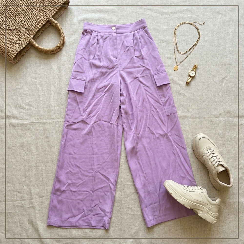 House of Harlow 1960 Purple Satin Cargo Pants Womens M Wide Leg NWOT